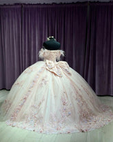 Off-Shoulder Ball Gown with Feather Accents Floral Lace Appliques and Beaded Bow Princess Quinceanera & Sweet 16 Party Dress